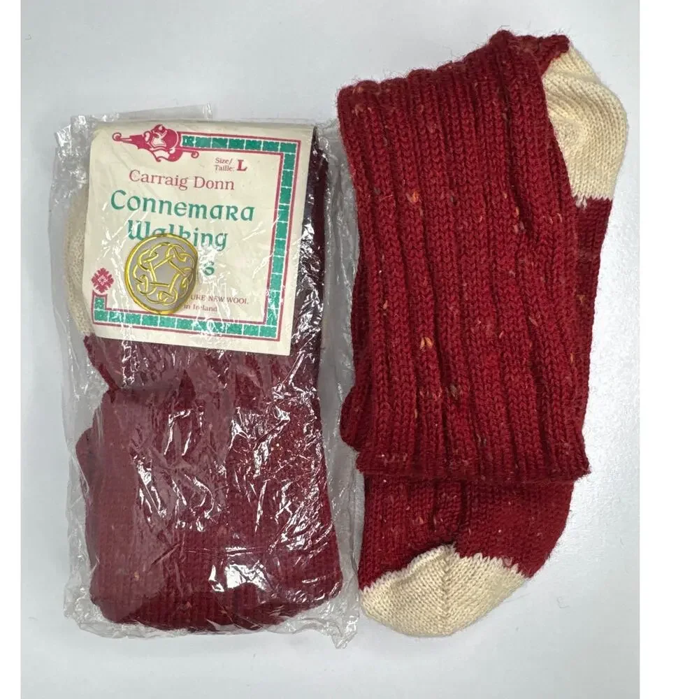 1980s Vintage Carraig Donn Irish Wool Knee-High Socks Red NEW 2 pairs NWT Size L